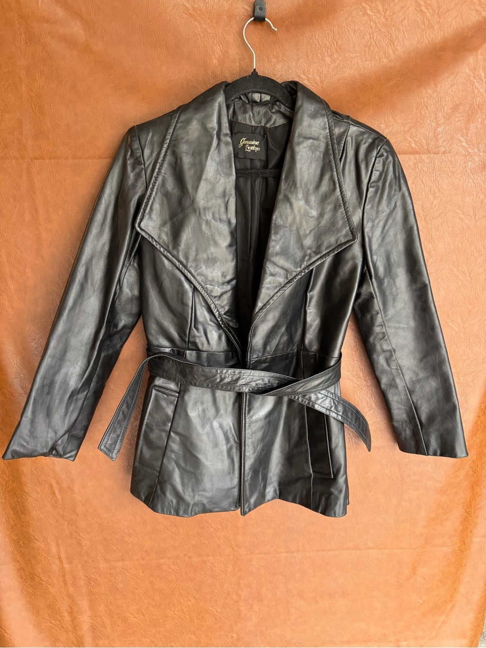 Women’s Black Genuine Leather Belted Jacket Draped Collar Y2K Vintage Style